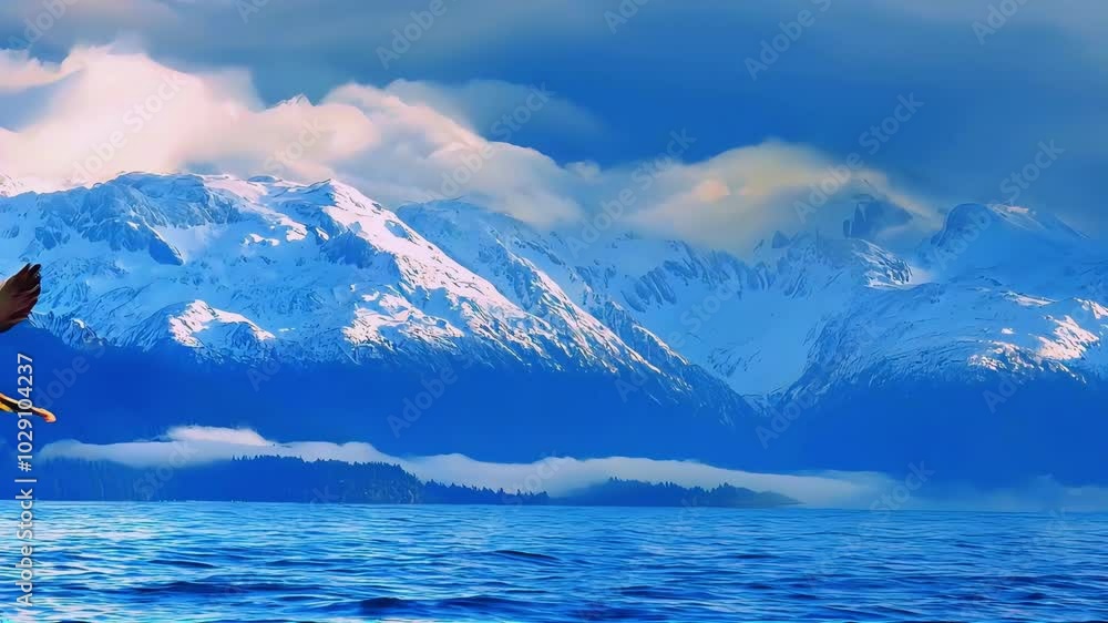 Bald eagle soaring over a tranquil blue sea with snow-capped mountains in the background. Bald eagle soaring over a tranquil blue sea with snow-capped mountains in the background.