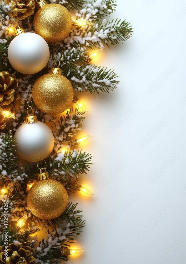 Elegant Christmas Decoration with Gold and White Ornaments, Pine Cones, and Lights on Evergreen Branches for Festive Home Decor Elegant Christmas Decoration with Gold and White Ornaments, Pine Cones, and Lights on Evergreen Branches for Festive Home Decor