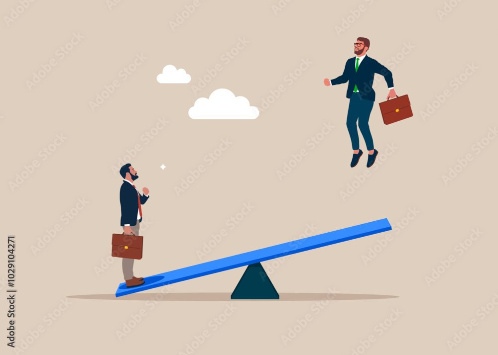 Businessman try to fly. Teamwork, cooperation, success in business concept. Reaching goals together. Flat vector illustration. Modern vector illustration in flat style Businessman try to fly. Teamwork, cooperation, success in business concept. Reaching goals together. Flat vector illustration. Modern vector illustration in flat style