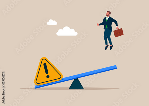 Businessman try to fly. Exclamation attention sign price rebound. Incident management. Modern vector illustration in flat style
