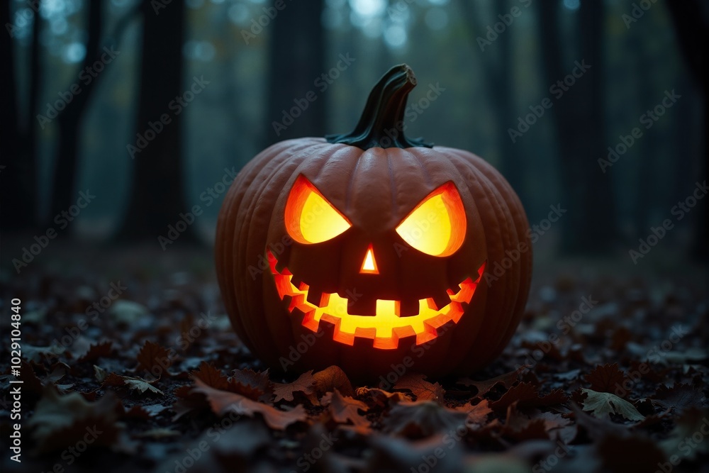Scary looking pumpkin in woods, dark grim theme Scary looking pumpkin in woods, dark grim theme