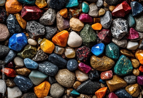 detailed close colorful gravel textures intricate patterns showcasing richness variety materials, diversity, vibrancy, stones, pebbles, minerals, surfaces photo