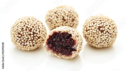 Festive Chinese sweet sesame balls filled with red bean paste, crispy and golden, isolated on white background