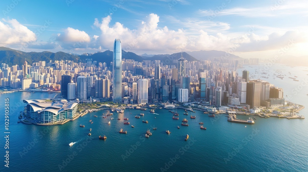 Naklejka premium Hong Kong Skyline: A City of Skyscrapers and Boats