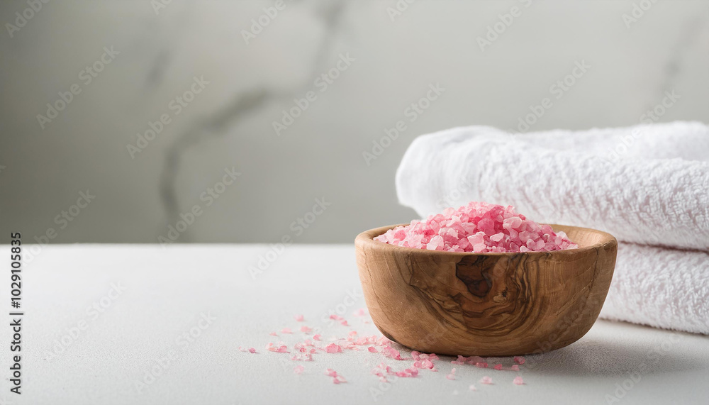 Wooden bowl of pink bath salt with folded towel on background. Spa, relaxation and bathing theme Wooden bowl of pink bath salt with folded towel on background. Spa, relaxation and bathing theme