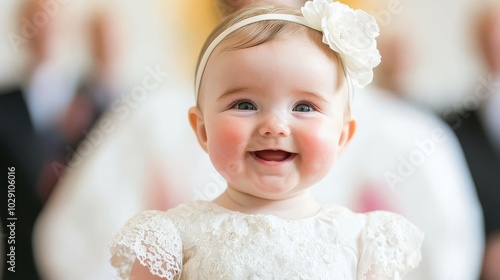 Adorable baby girl in a beautiful dress, smiling joyfully at the camera in a festive setting. photo