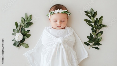 Adorable baby peacefully sleeping, surrounded by greenery and delicate floral accents, on a soft white backdrop. photo