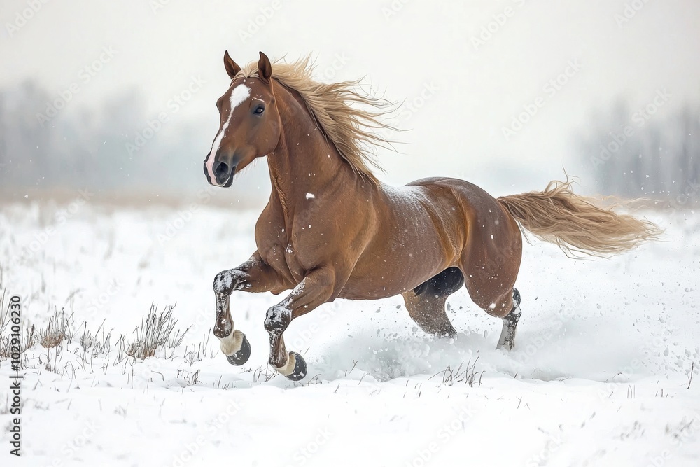 A horse galloping gracefully through a snowy landscape, showcasing its strength and beauty in a serene winter setting. A horse galloping gracefully through a snowy landscape, showcasing its strength and beauty in a serene winter setting.