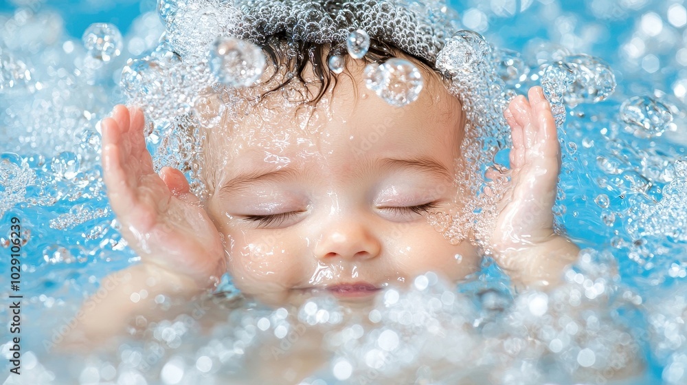 Happy baby playing in water, surrounded by bubbles, joyful expression, vibrant colors. Happy baby playing in water, surrounded by bubbles, joyful expression, vibrant colors.