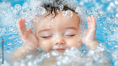 Happy baby playing in water, surrounded by bubbles, joyful expression, vibrant colors. photo