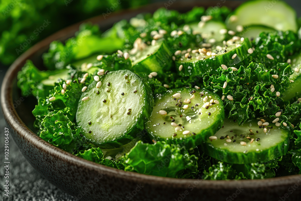A fresh and vibrant salad featuring crisp cucumbers, nutrient-rich kale, and sprinkled sesame seeds for added flavor. A fresh and vibrant salad featuring crisp cucumbers, nutrient-rich kale, and sprinkled sesame seeds for added flavor.