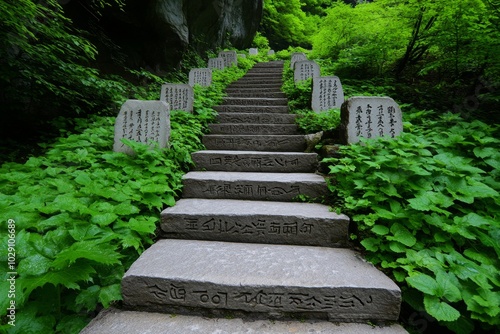 A path of stone steps leading up a mountain  with ancient Eastern poetry carved into the stones  each step representing a journey toward enlightenment and understanding