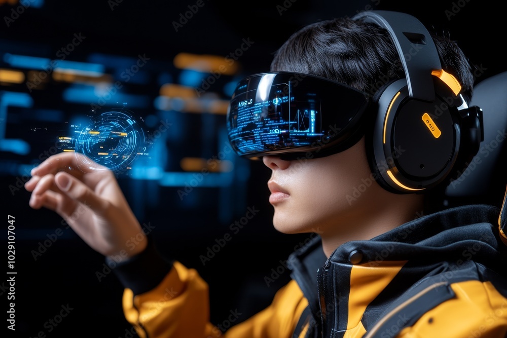 A person navigating a digital environment through thought alone, with floating data and holograms responding to their perception, emphasizing the merging of technology and human experience A person navigating a digital environment through thought alone, with floating data and holograms responding to their perception, emphasizing the merging of technology and human experience