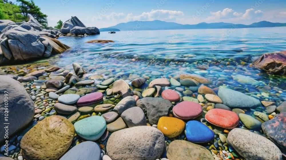 A serene lakeside view with colorful stones and clear water under a bright sky. A serene lakeside view with colorful stones and clear water under a bright sky.