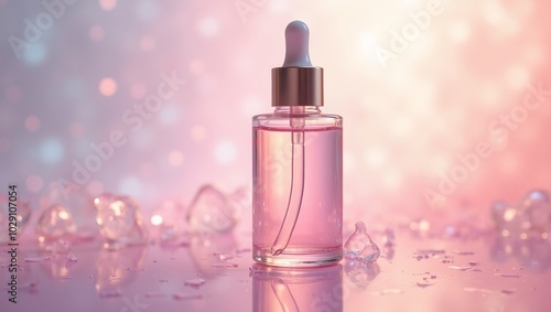 Luxurious face oil in a clear dropper bottle on a pearlescent backdrop