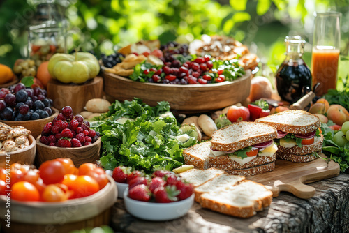 A vibrant picnic spread featuring fresh vegetables, assorted fruits, and delicious sandwiches in a lush outdoor setting.