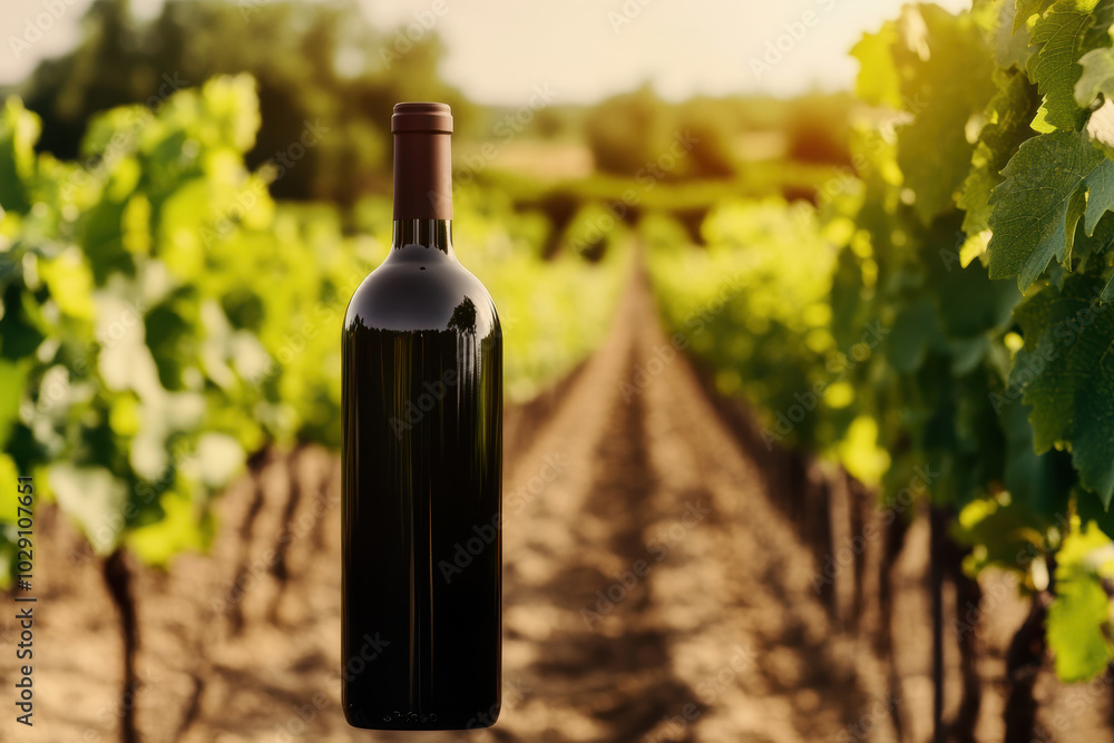Fototapeta premium Elegant bottle of red wine in a sunny vineyard landscape with lush green vines
