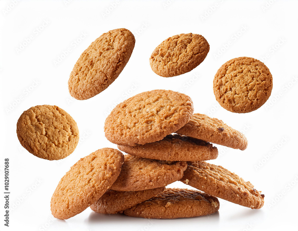 Falling oatmeal cookies isolated on white background_cookies isolated Falling oatmeal cookies isolated on white background_cookies isolated