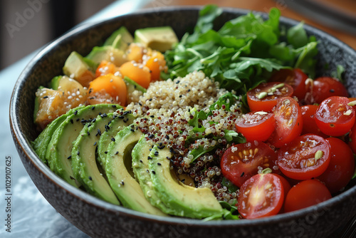 A vibrant salad bowl featuring fresh avocado, colorful tomatoes, quinoa, and leafy greens, perfect for healthy eating.