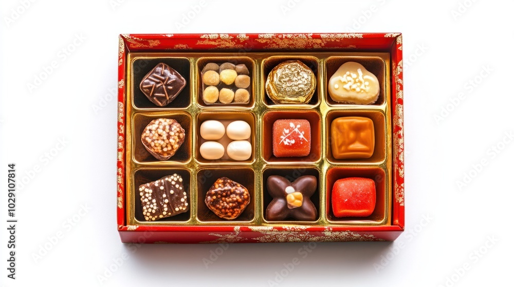 Red and gold Chinese New Year candy box with assorted sweets, isolated on white background, filled with festive candies Red and gold Chinese New Year candy box with assorted sweets, isolated on white background, filled with festive candies