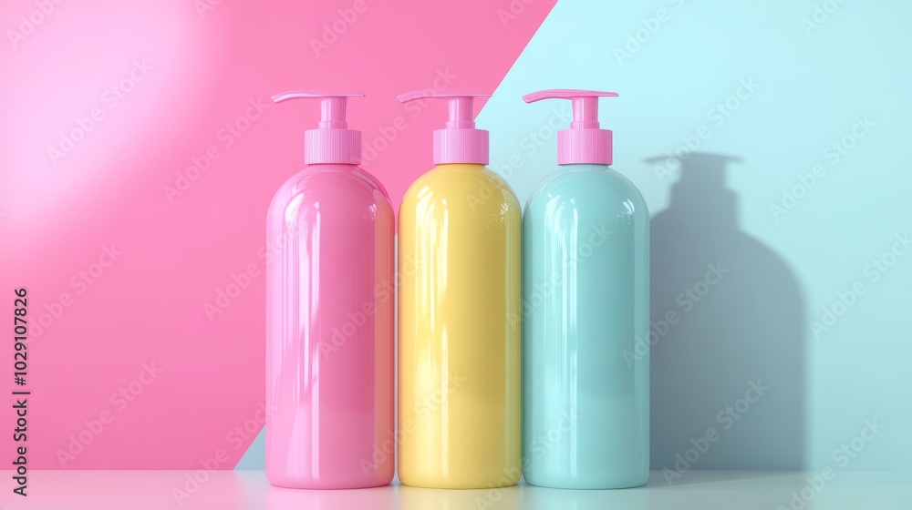 Colorful soap and lotion bottles on vibrant pink and blue background, a splash of beauty and hygiene Colorful soap and lotion bottles on vibrant pink and blue background, a splash of beauty and hygiene