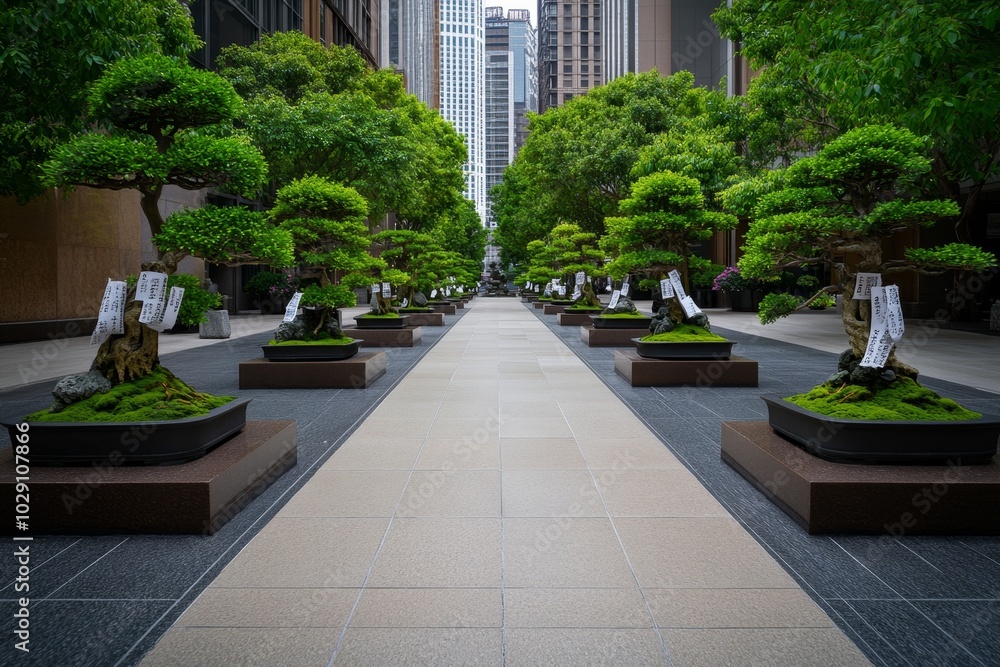 Fototapeta premium A quiet courtyard filled with bonsai trees and stone statues, with scrolls of poetry tucked into the branches, blending the art of nature with the wisdom of words