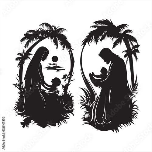 set of vector christmas nativity scene silhouette