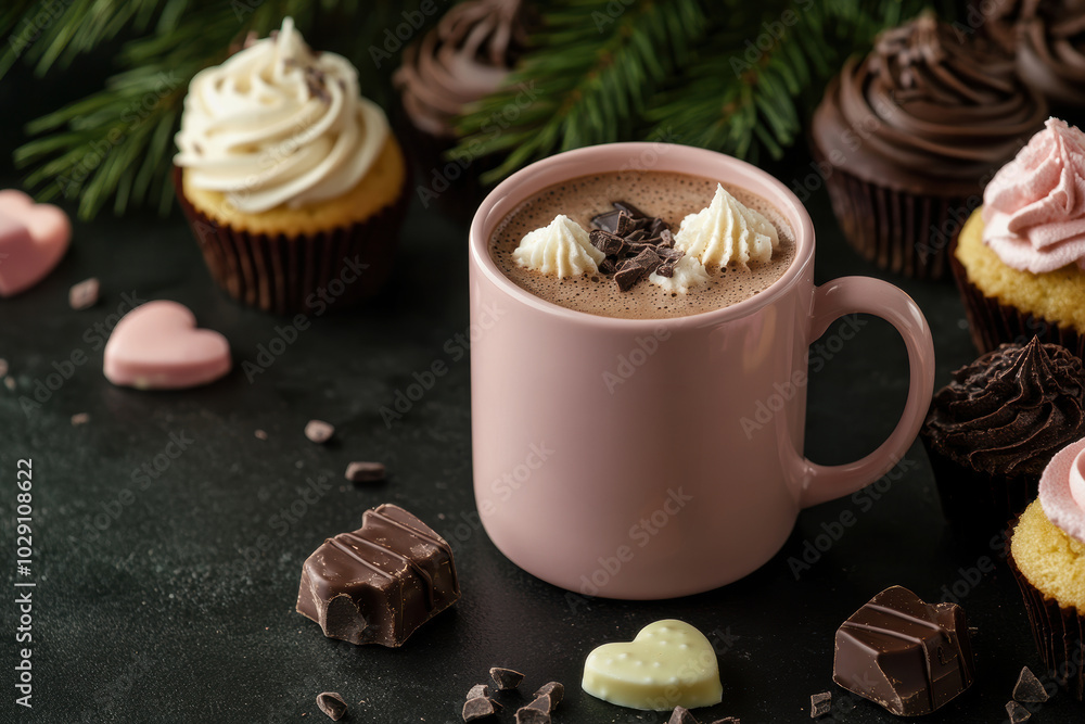 Cozy winter scene with hot chocolate, cupcakes, and heart shaped Cozy winter scene with hot chocolate, cupcakes, and heart shaped
