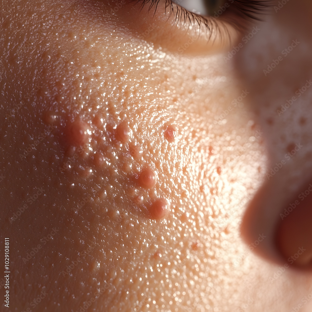 Fototapeta premium Close-up view of skin with acne lesions on a cheek during daylight, highlighting texture and color variations