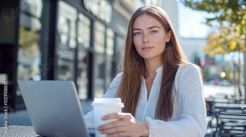 A woman is seated at a table with her laptop open and a cup of coffee nearby