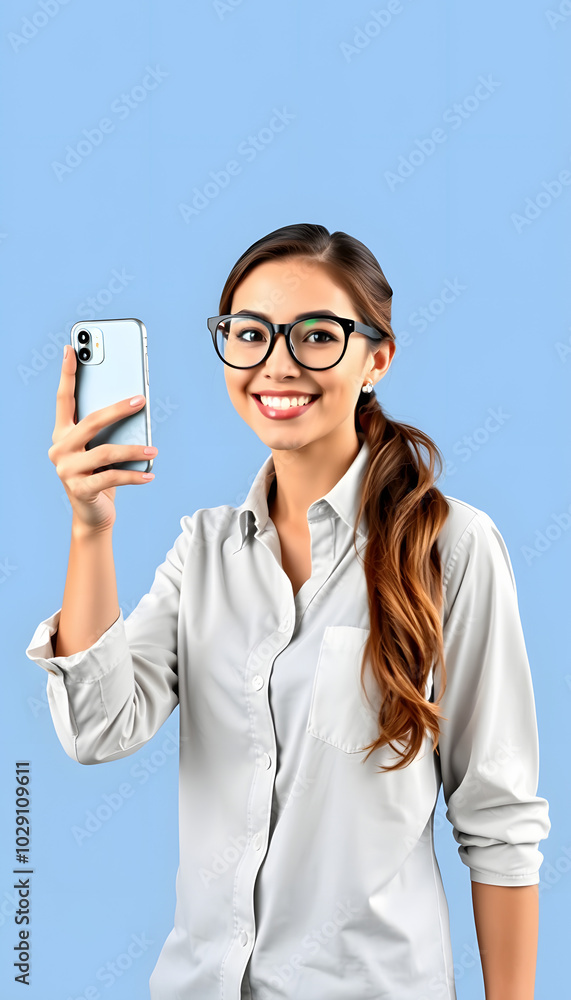 Photo of adorable good mood lady dressed shirt eyewear tacking selfie showing arm empty space isolated blue color background isolated with white highlights, png Photo of adorable good mood lady dressed shirt eyewear tacking selfie showing arm empty space isolated blue color background isolated with white highlights, png
