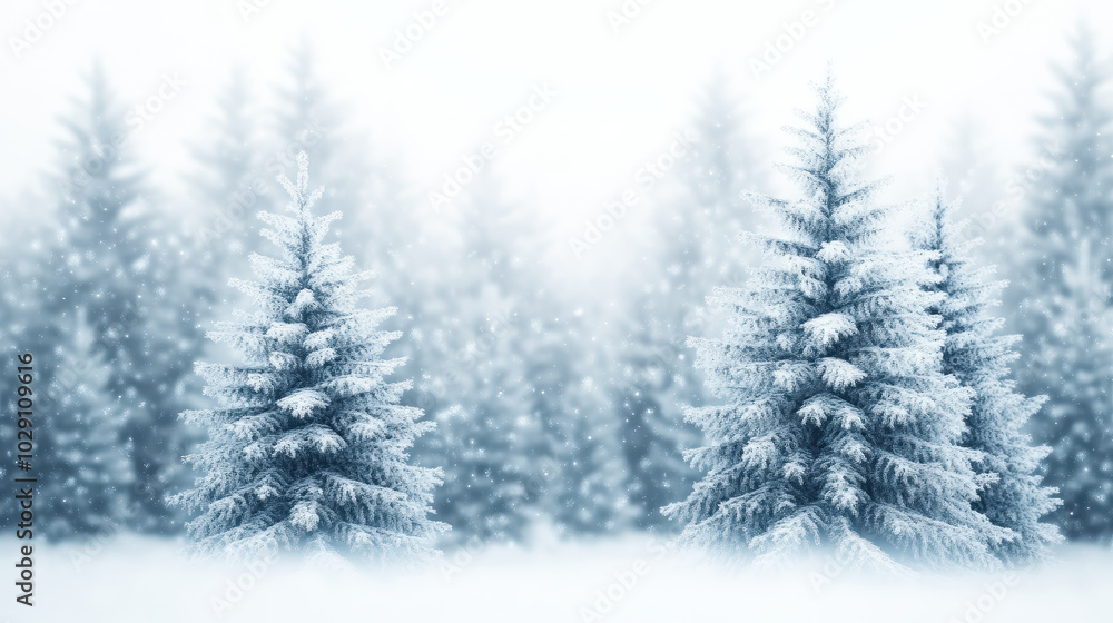 Fototapeta premium Snowy pine forest in a serene winter landscape with falling snowflakes