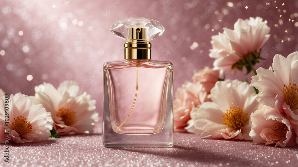 A pink perfume bottle surrounded by soft pink flowers, set against a glittering background, symbolizing romance and beauty. A pink perfume bottle surrounded by soft pink flowers, set against a glittering background, symbolizing romance and beauty.