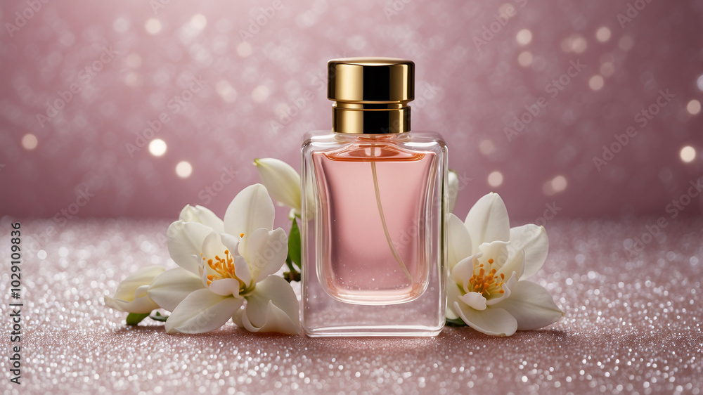 A chic perfume bottle filled with pink perfume, surrounded by floral elements on a shiny pink background, very alluring. A chic perfume bottle filled with pink perfume, surrounded by floral elements on a shiny pink background, very alluring.