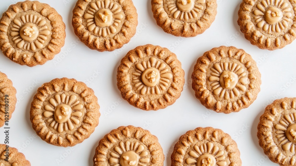Traditional Chinese New Year peanut butter cookies, arranged on white background, festive holiday sweets Traditional Chinese New Year peanut butter cookies, arranged on white background, festive holiday sweets