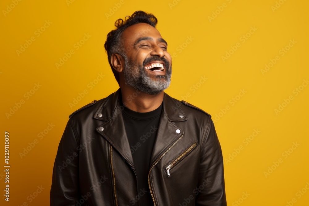 Portrait of a happy indian man in his 40s sporting a classic leather jacket isolated in soft yellow background Portrait of a happy indian man in his 40s sporting a classic leather jacket isolated in soft yellow background