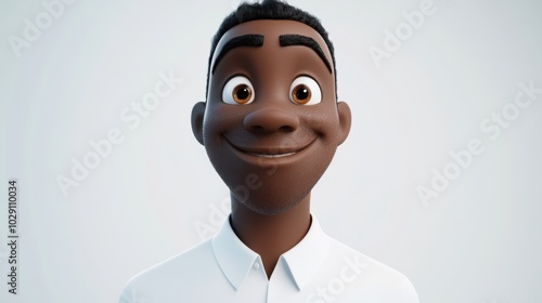 3D character close up portrait of a happy black man in a white dress shirt, with a broad smile and soft eyes, on a white backdrop, cartoon style, in the style of 3D design