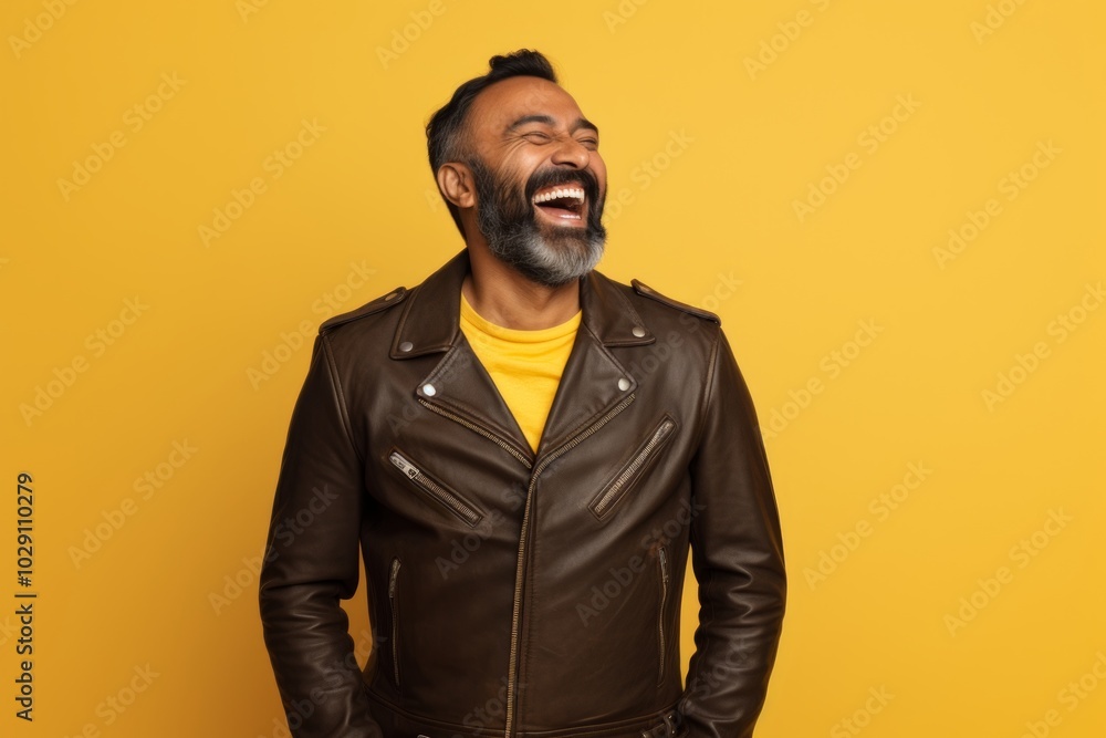 Obraz premium Portrait of a happy indian man in his 40s sporting a classic leather jacket isolated on soft yellow background