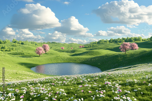 Enchanting Spring: A Fantasy Landscape of Green Hills and Pink Trees