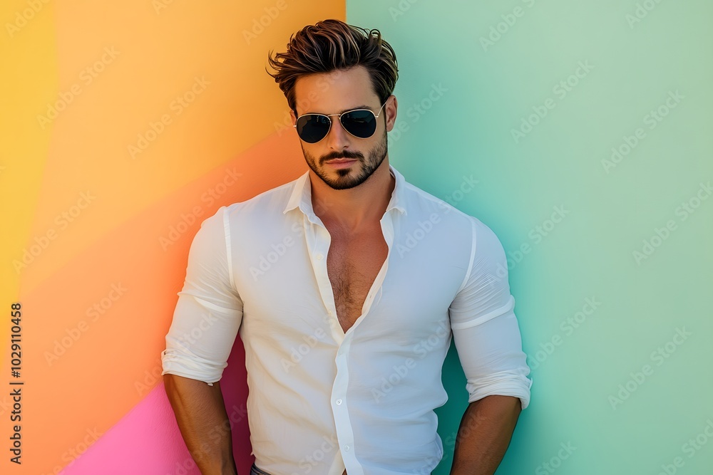 portrait of handsome, confident and muscular man in a white shirt with rolled sleeves and wearing black sunglasses portrait of handsome, confident and muscular man in a white shirt with rolled sleeves and wearing black sunglasses