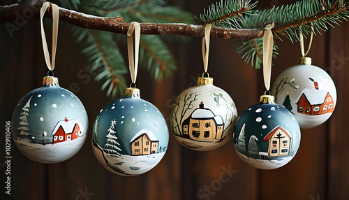 Wallpaper Mural Five hand-painted Christmas ornaments depicting winter scenes hang from a pine branch Each ornament features a cozy cottage nestled in a snowy landscape Torontodigital.ca