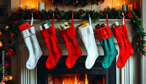 Wallpaper Mural Six stockings filled with gifts hang over a fireplace, adorned with a festive garland and lit candles Torontodigital.ca