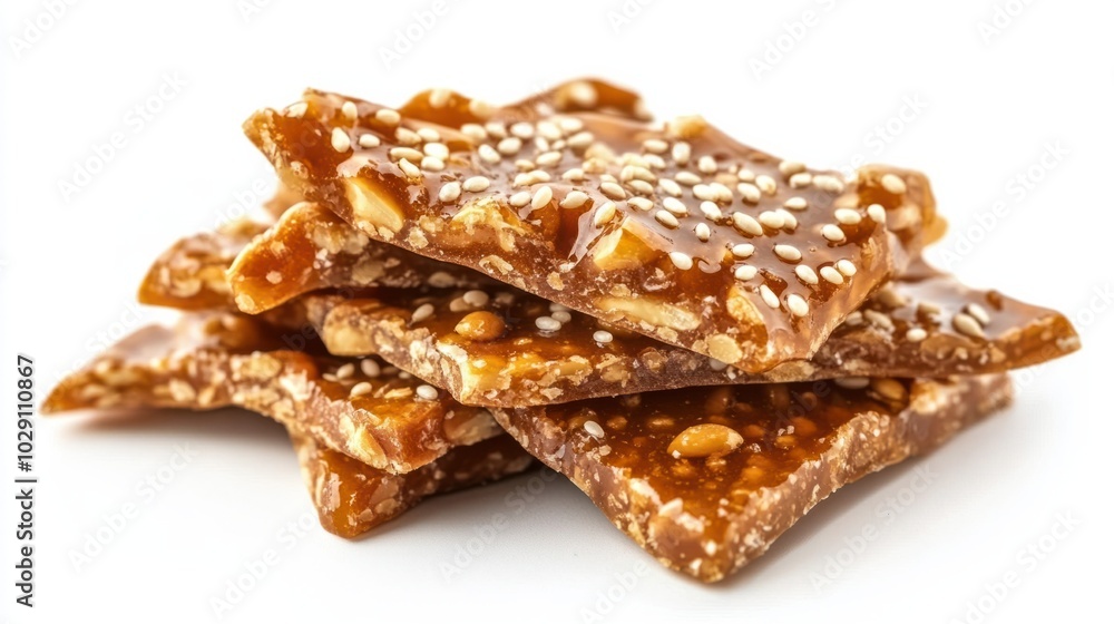 Traditional Chinese peanut brittle with sesame seeds, a crunchy and sweet treat for the New Year, isolated on white background Traditional Chinese peanut brittle with sesame seeds, a crunchy and sweet treat for the New Year, isolated on white background