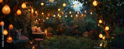 Lantern-lit garden party in twilight, 4K hyperrealistic photo