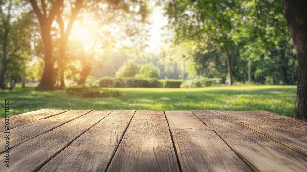 Wooden Tabletop with Blurred Green Park Background Wooden Tabletop with Blurred Green Park Background