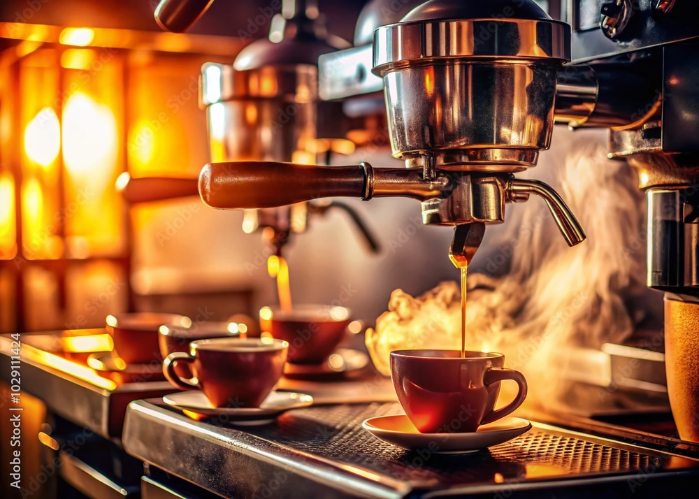 Professional Barista Brewing Coffee in a Cafe with Espresso Machine Professional Barista Brewing Coffee in a Cafe with Espresso Machine