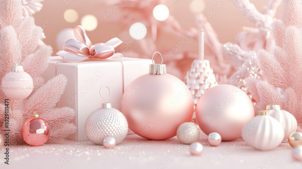 Elegant pink christmas ornaments and gifts, a sparkling holiday scene