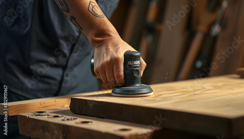 Detailed image showing craftsman using electric sander on wooden piece in workshop. Forearm with tattoo visible, emphasizing intricate work on smoothening wood surface isolated with white highlights