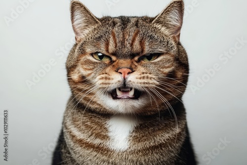 A striking close-up of a grumpy-looking striped cat with a unique facial expression against a neutral background