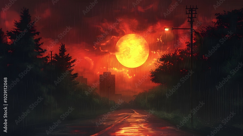Sunset cityscape with digital bokeh lights Sunset cityscape with digital bokeh lights